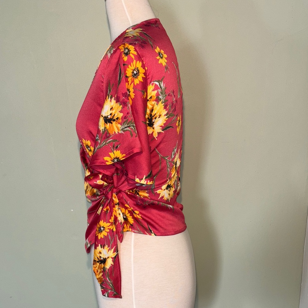 EXPRESS Elegant Floral Wrap Blouse - Burgundy and Yellow Size small - Picture 2 of 10